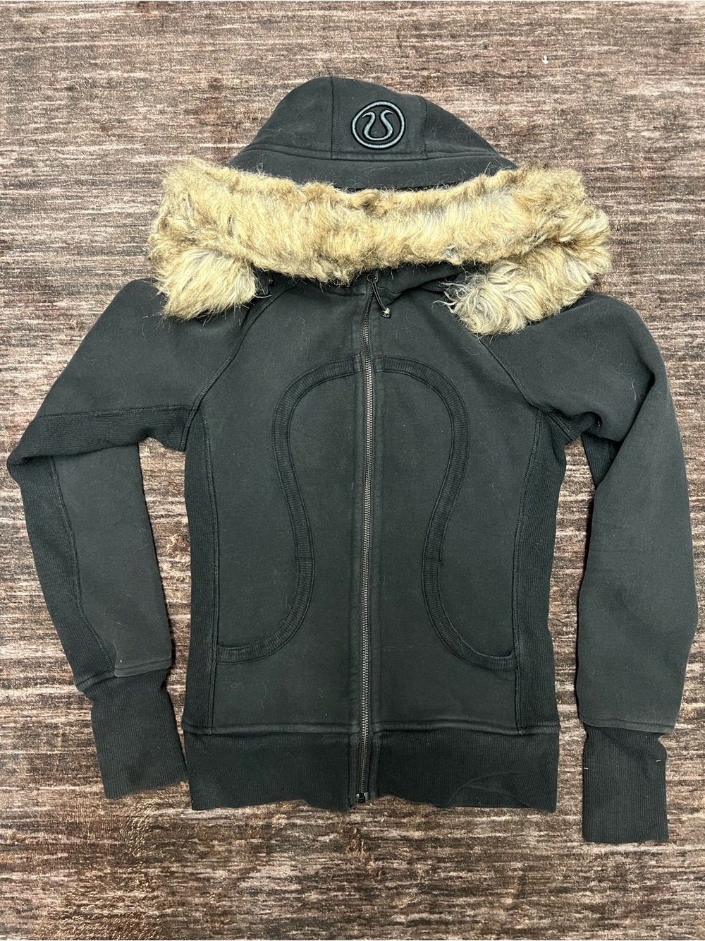 lululemon athletica Women’s Black Hooded Jacket with Faux Fur Trim